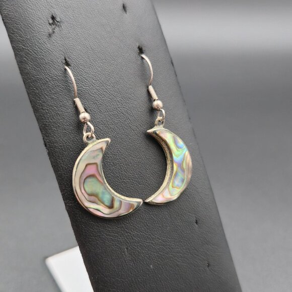 Silver Plated Abalone Shell Crescent Moon Earrings A6572 - Picture 2 of 5